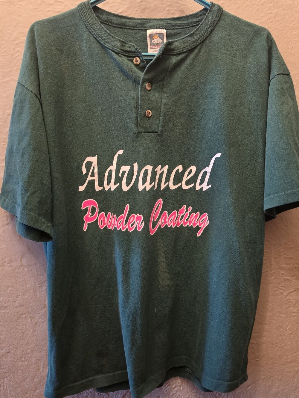 Y2K Advanced Powder Coating Henley Graphic Tee 00 Jersey Workwear Green L